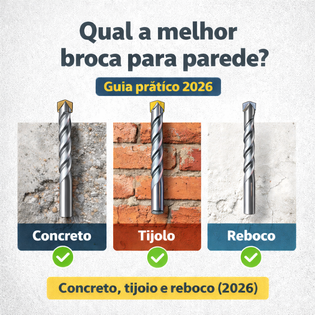 Qual a melhor broca para parede? Concreto, tijolo e reboco (Guia prático 2026) Tipos de brocas para concreto, tijolo e reboco, mostrando a diferença das pontas para uso doméstico com parafusadeira ou furadeira